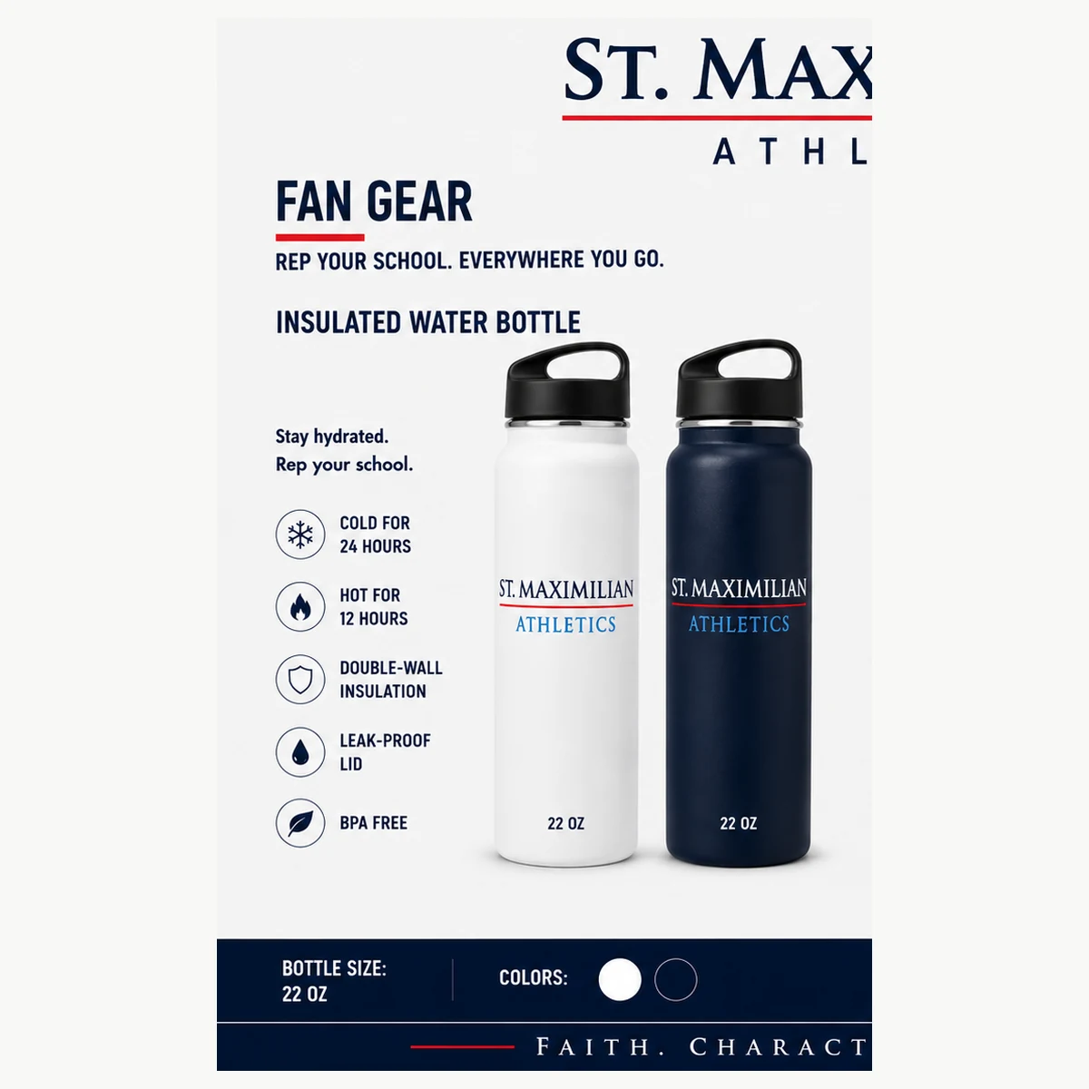 St. Maximilian Athletics 22 oz Insulated Water Bottle